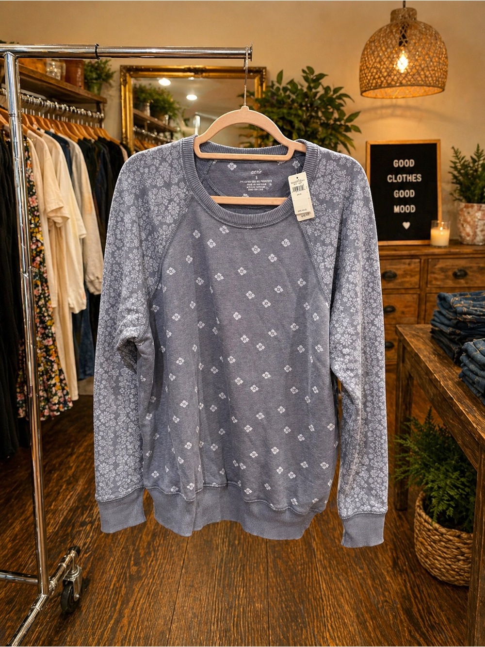 Aerie Medium Blue Distressed Sweatshirt Floral Print Pullover NWT